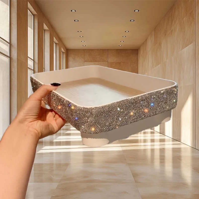 Rhinestone Inlaid Luxury Storage Tray with Feet, Bling Cosmetic & Jewelry Holder, Dresser Bathroom Key Display Decor Tray