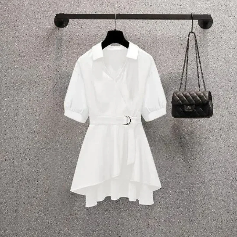 Women Shirt Dress Lapel V Neck Long Sleeves Irregular Hem Waist Tight Adjustable Belt Pullover Shirt Top Female Clothing 2025