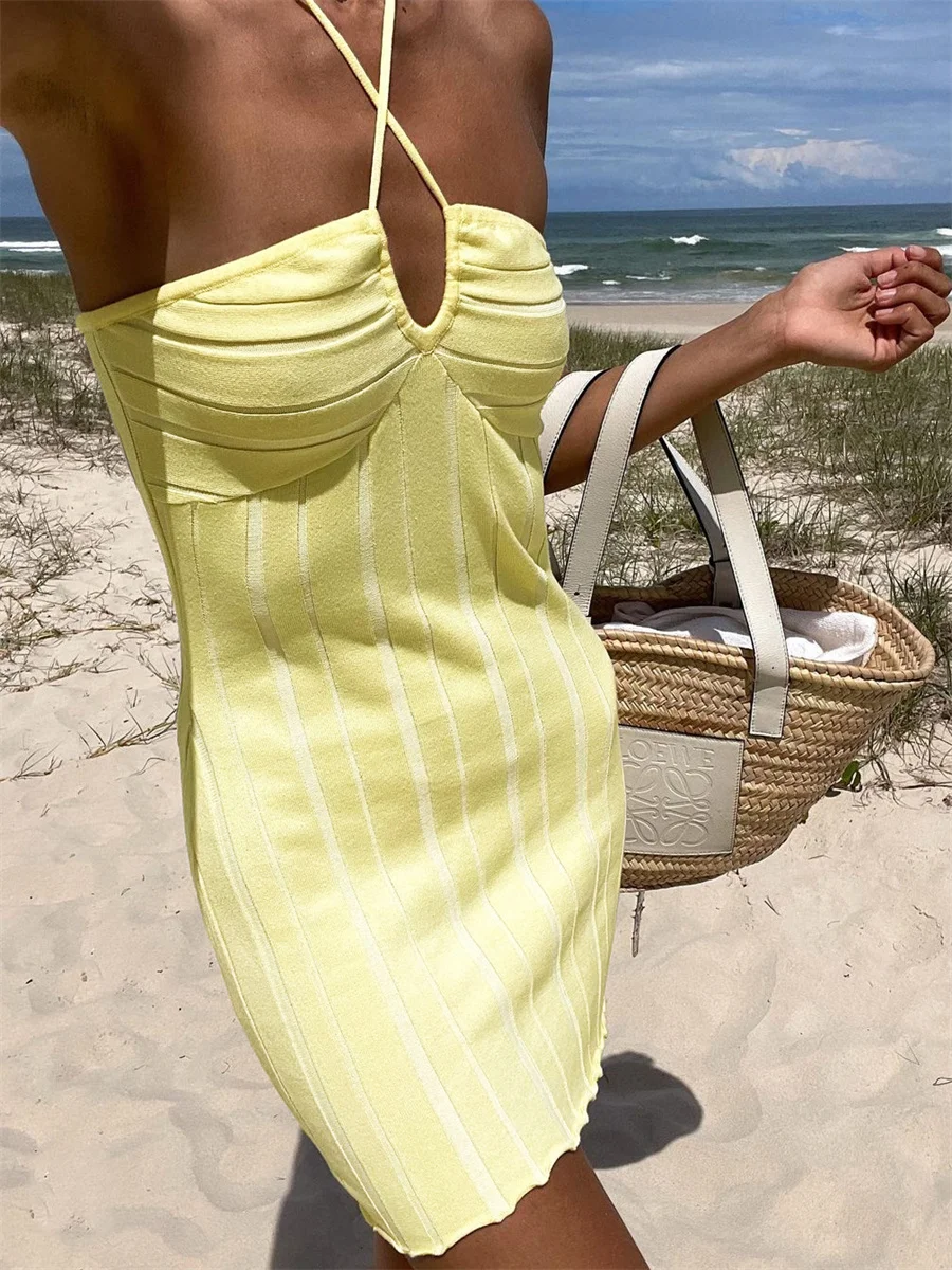 Wsevypo Summer Halterneck Tie Up Mini Beach Dress 2022 donna senza maniche senza spalline a costine lavorato a maglia avvolgere abiti aderenti corti