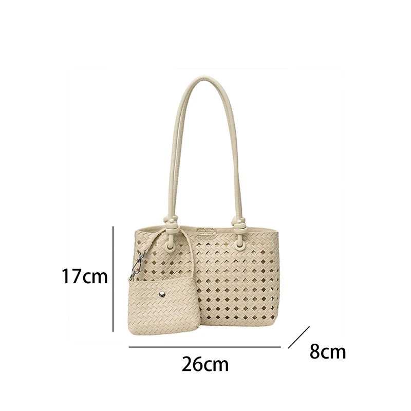Taschenset, ausgehöhlte gewebte Schultertasche mit passender Geldbörse, lässige Damen-Sommerhandtasche mit Tragegriff, vielseitige weiche Tasche für den Arbeitsweg – Detail 1
