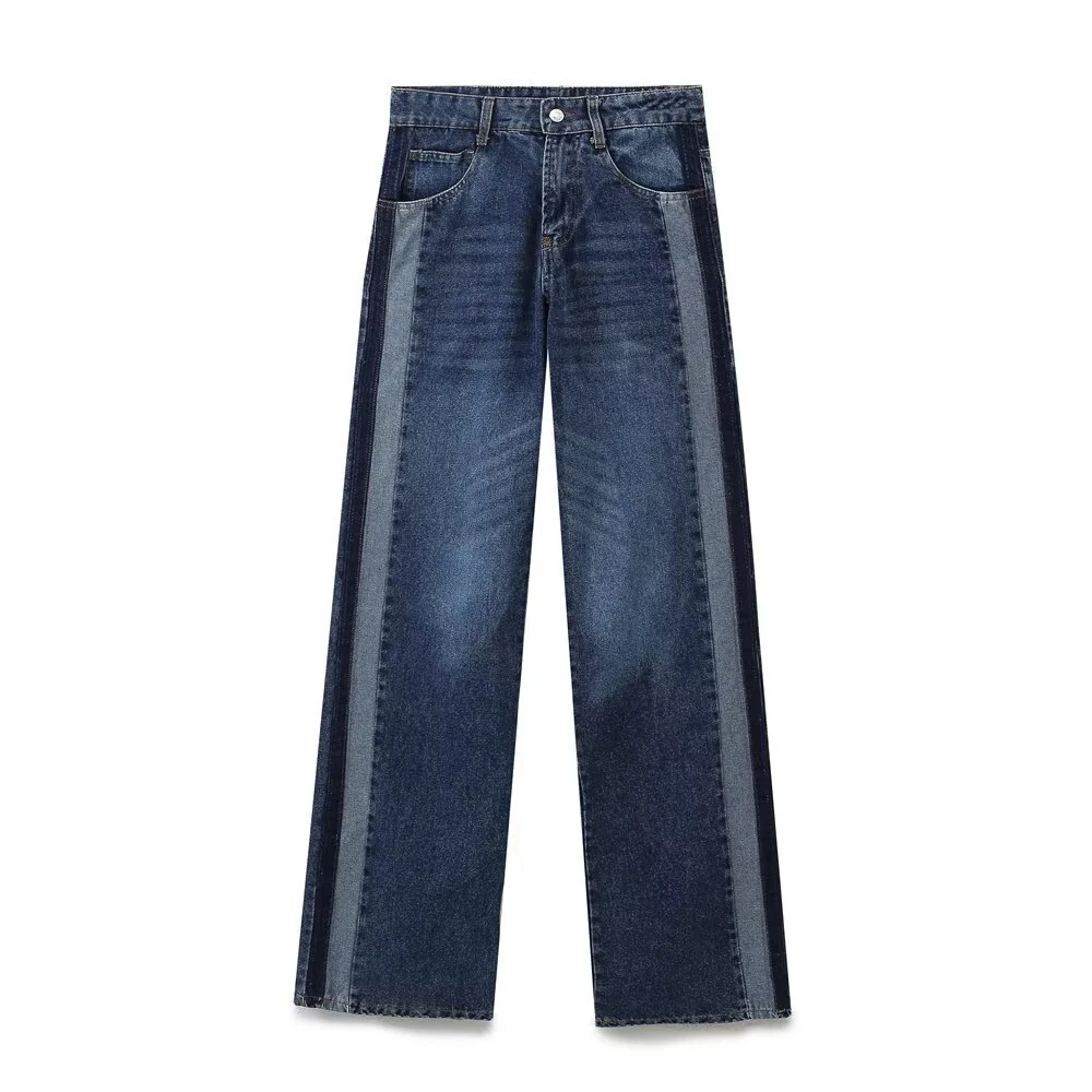 Dark Denim Stripe Wide Leg Pants Mid-Rise Denim Trousers Classic Design Pant Casual Women's Bottoms Daily Commute Wear