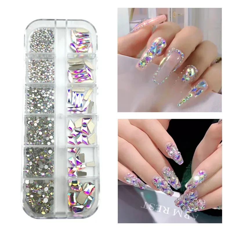 12 rejillas brillantes, translúcidas, coloridas, mezcla de formas, diamantes de cristal con parte posterior plana, diamantes de imitación para decoración de uñas, joya, dijes para manicura