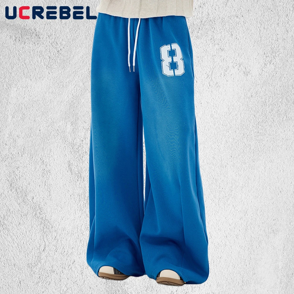 Letter Print Sweatpants Mens Spliced Autumn Winter High Street Elastic Waist Baggy Wide Leg Drawstring Jogger Pants Man