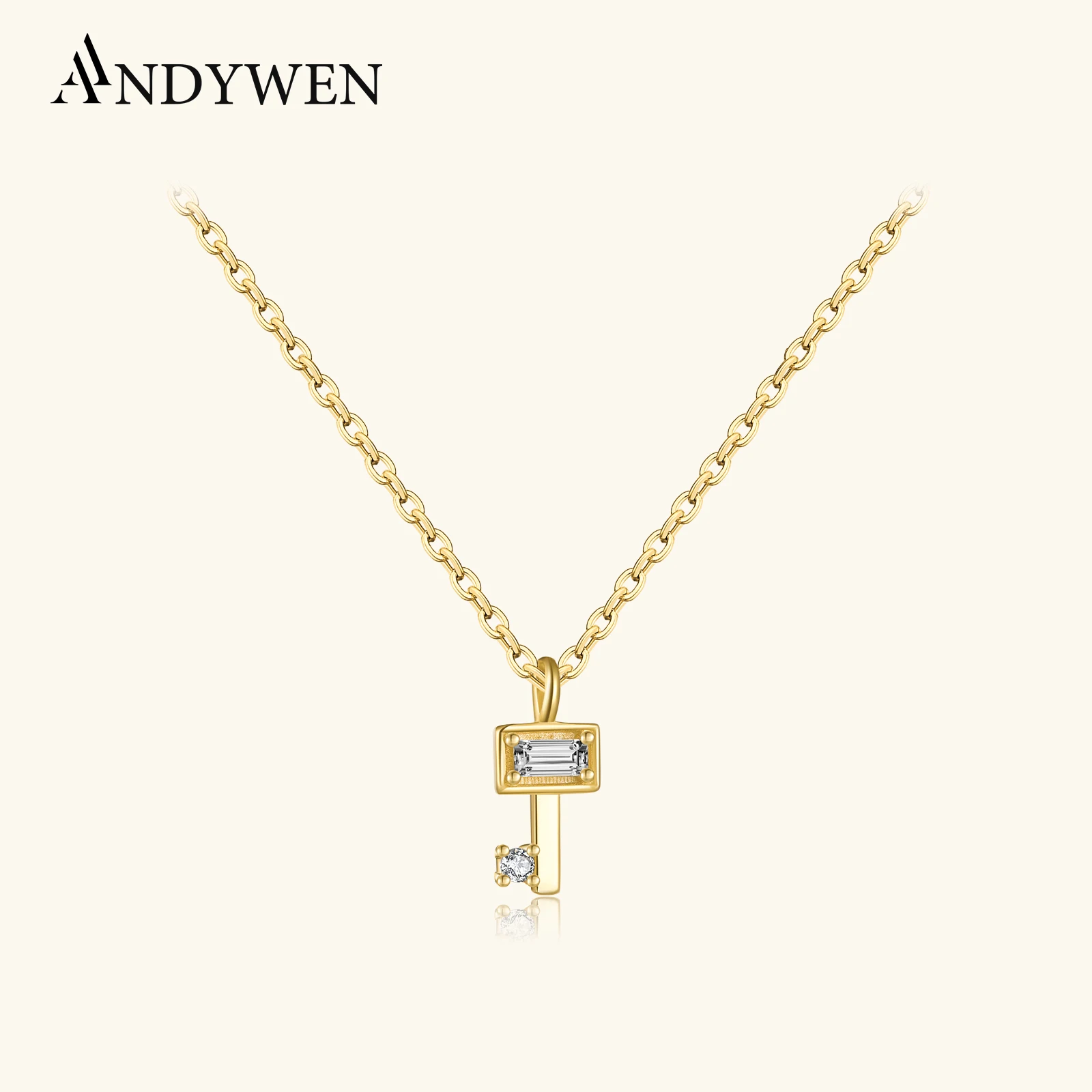

ANDYWEN 925 Sterling Silver Square Classic Key Tiny Pendant Necklace Long Chain Fine Jewelry 2022 Spring Party Crystal Jewels