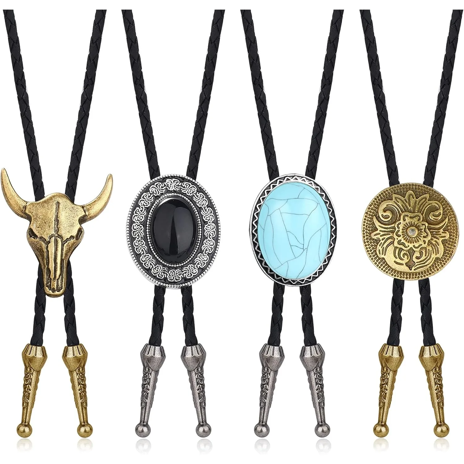 

Bobisty 4Pcs Handmade Bolo Tie for Men Western Cowboy Leather Necktie Halloween Costume Accessories for Men Women