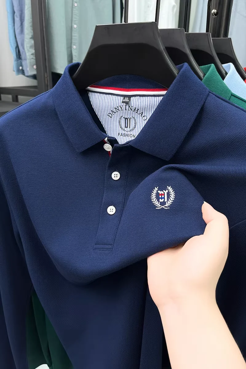 

Luxury brand exquisite embroidery men's polo shirt long sleeved autumn 2024 new silk cotton business casual Flip collar T-shirt