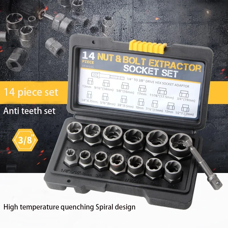 

14pc Nut Bolt Remover Stud Screw Extractor Broken Bolt Removal Kit Damaged Impact anti-theft Socket Tool 3/8 Inch