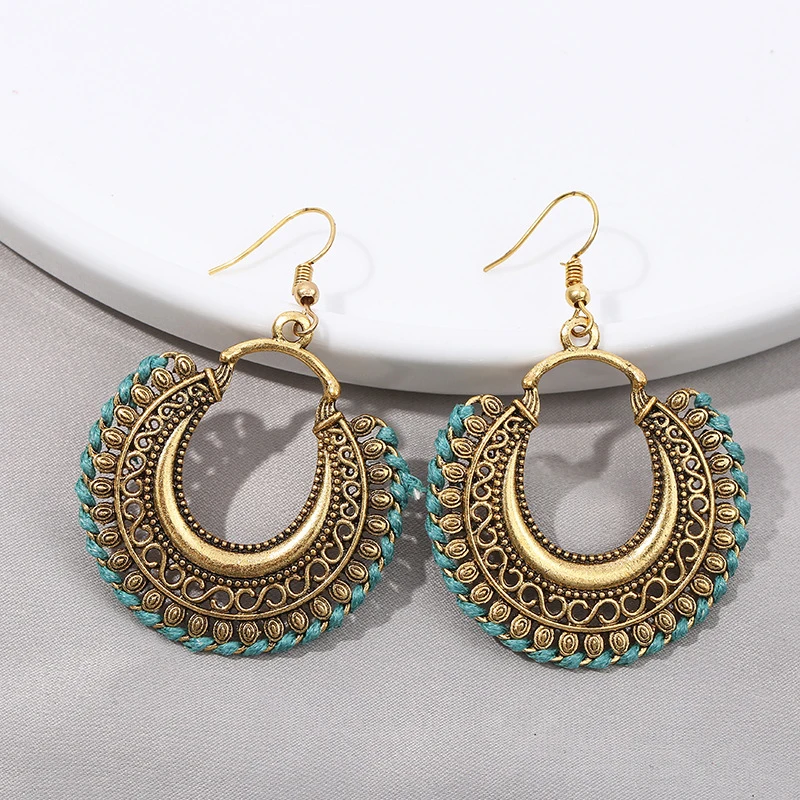 Bohemian Vintage Fashion Rope Wrap Earrings For Women Carved Hollow Geometric Drop Dangle India Earrings Boho Jewelry Wholesale