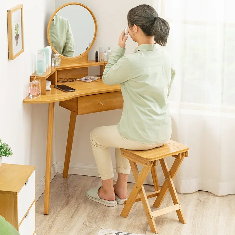 Multifunctional Dressing Table,Simple Makeup Furniture with Mirror Stool, Smooth Rounded Corners Dressers,Elegant Vanity Station