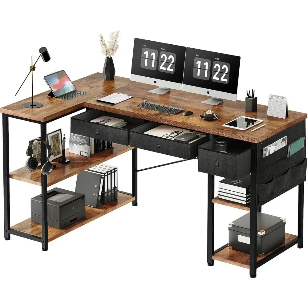 

Home Office Desk with Drawers and Shelves, 55” Computer Corner Desk for Small Space, Small L Shaped Desk with Side Storage for