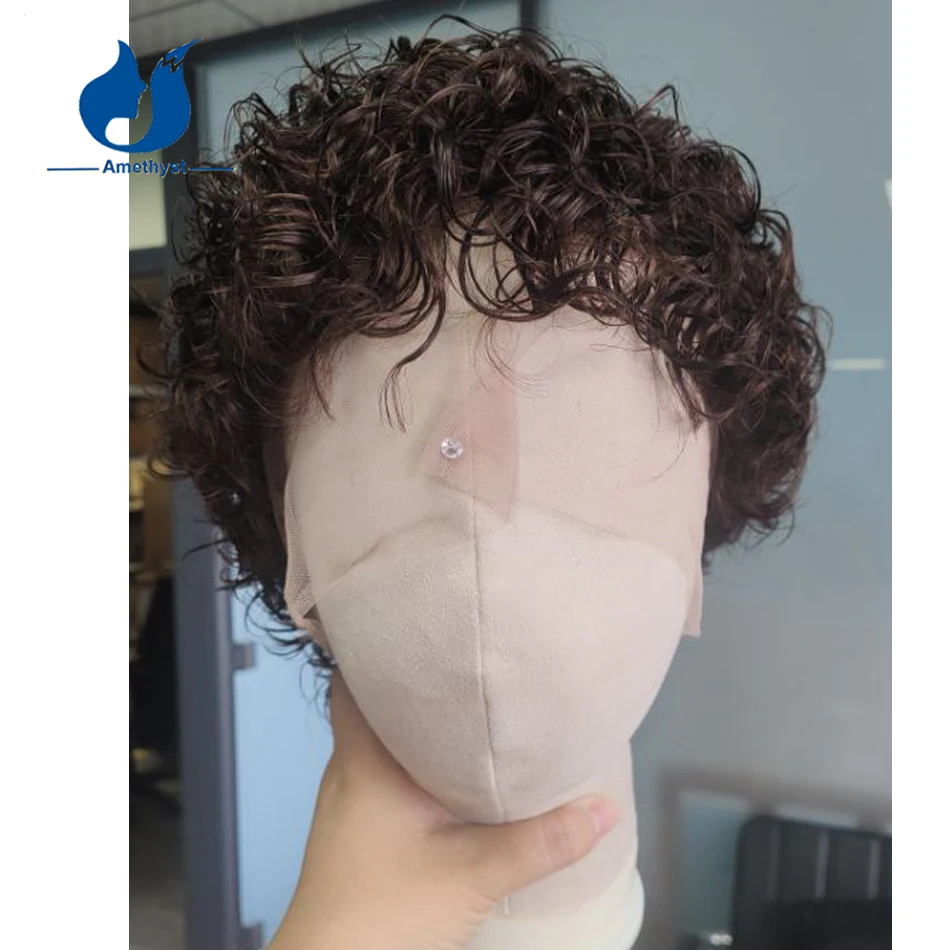 

Amethyst Dark Brown Curly Short Full Lace Human Hair Wig for Men Pre Styled Pre Plucked Bleached Male Remy Hair System
