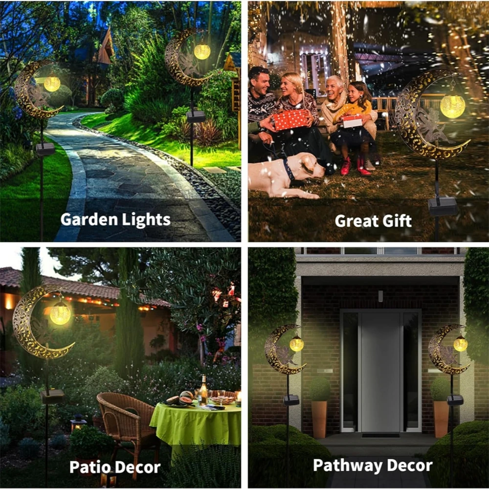 Solar Garden Fairy Lights Outdoor Decor Metal Moon Fairy Crackle Glass Globe with Angel Garden Gifts Yard Pathway Decoration