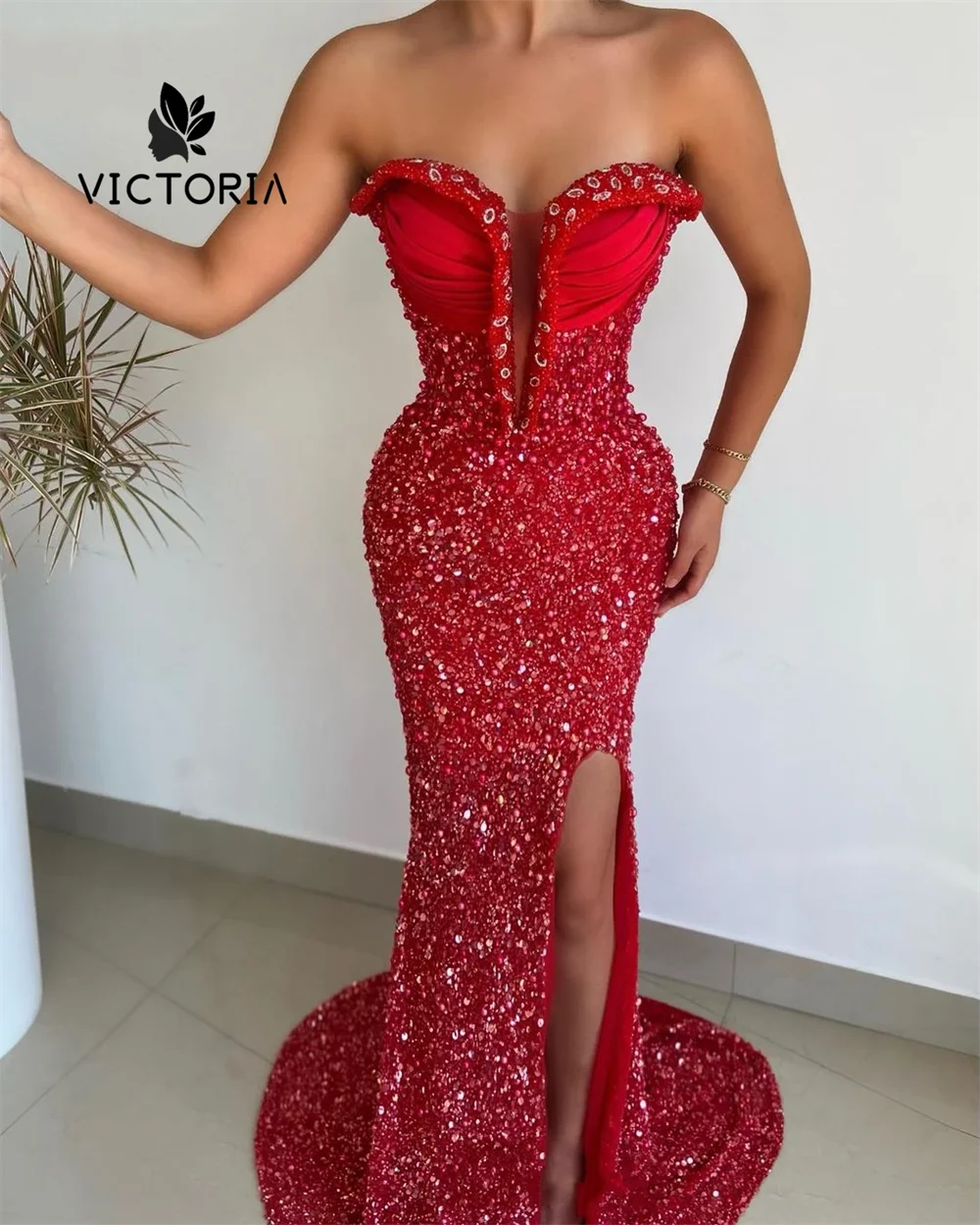 

Fantastic Red Strapless Evening Dresses Beads Crystals Dubai New Year Party Gowns Mermaid Woman Formal Occasion Dress Customized