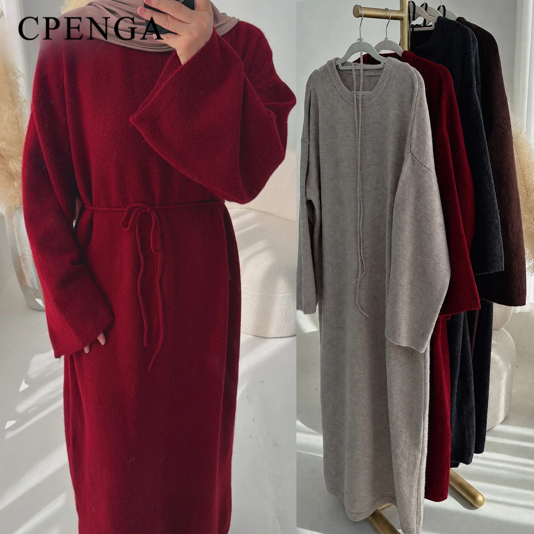 Elegant Oversized Kaftan Muslim Woman Maxi Dress with Pockets Warm Knit Solid Color Long Sleeve Modest Abaya for Ramadan Prayer