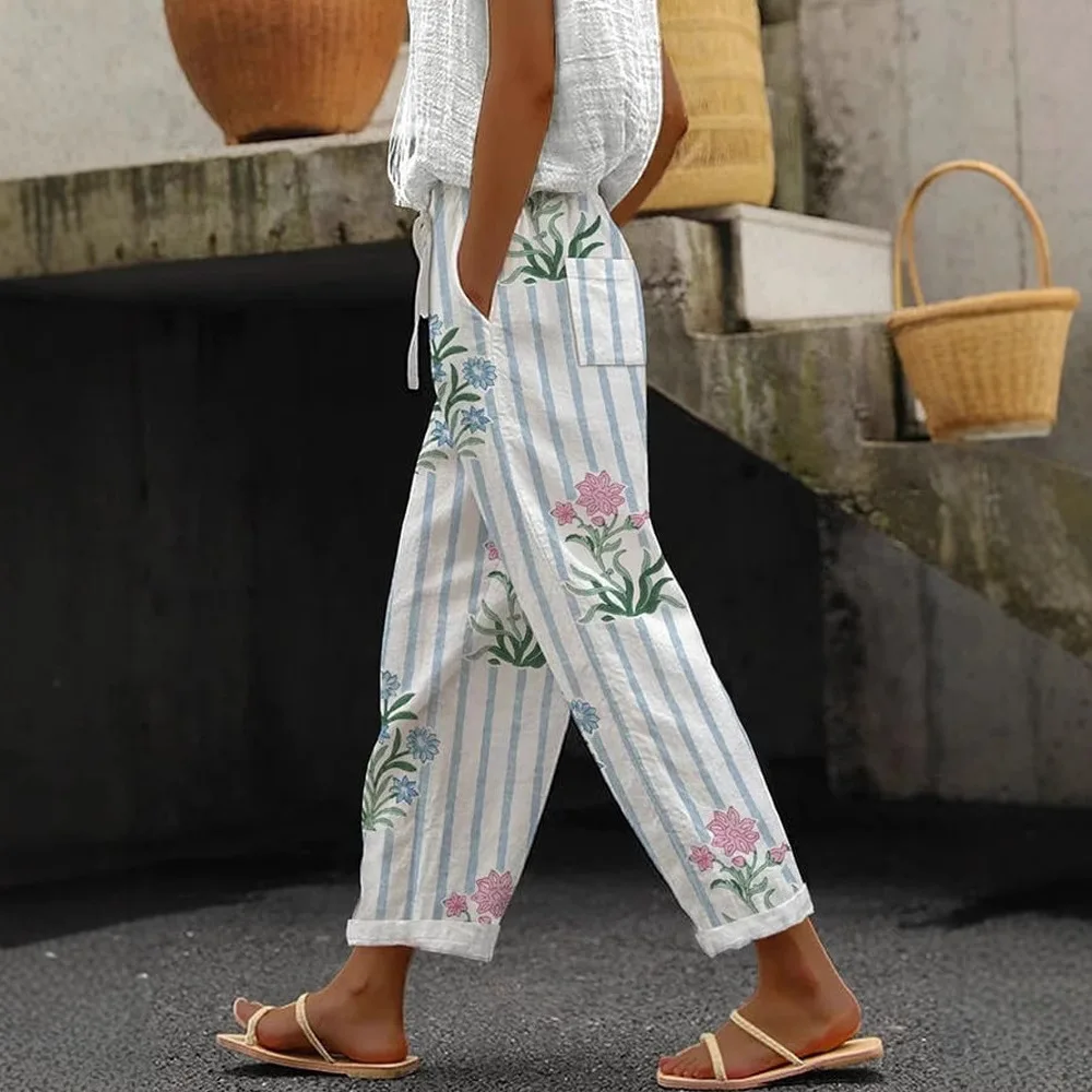 

Women Pants New Summer Autumn Boho Style Sleepwear Wide Leg Pants High Waist Casual Female Calf-Length Clothes Loose Trousers