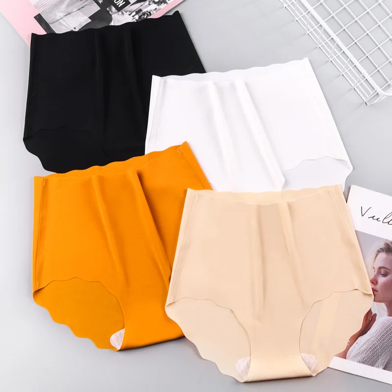 Culotte en soie glacée pour femmes, sous-vêtement taille haute, sans couture, respirant, grande taille, couleur unie, lingerie Sexy pour dames