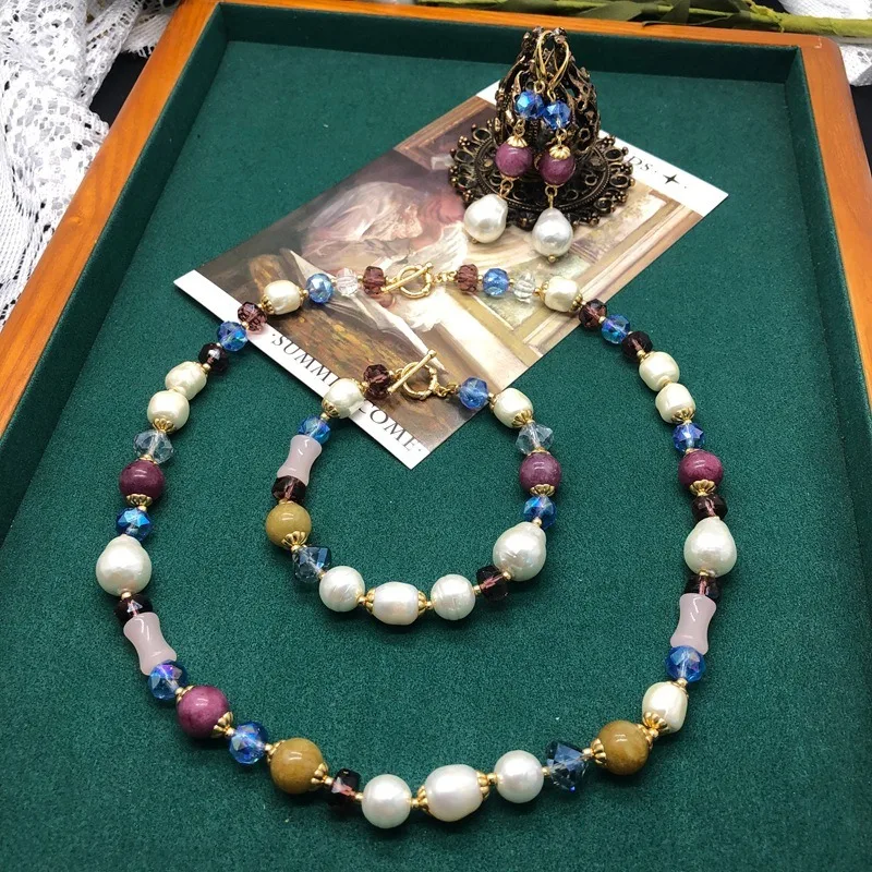 

Medieval Western Style Baroque Special-shaped Glazed Pearl Tourmaline Stone Cultured Pearl Necklace Bracelet Earrings Set