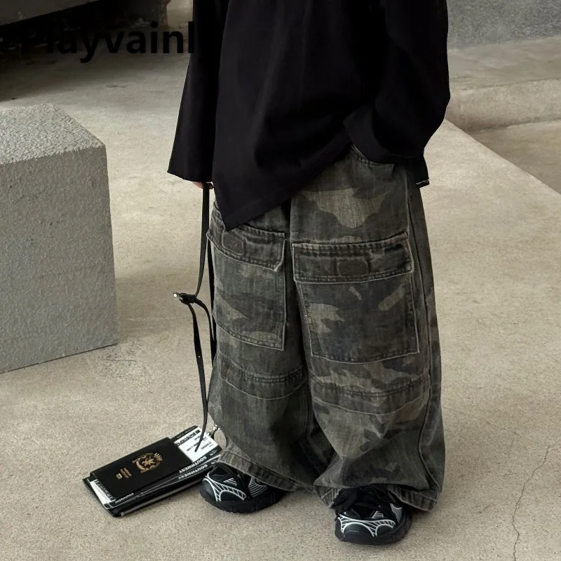 

2025 New Spring Autumn Boys Retro Trendy Camouflage Cargo Pants Loose Wide Leg Casual Trousers Kids Streetwear Outdoor A5063