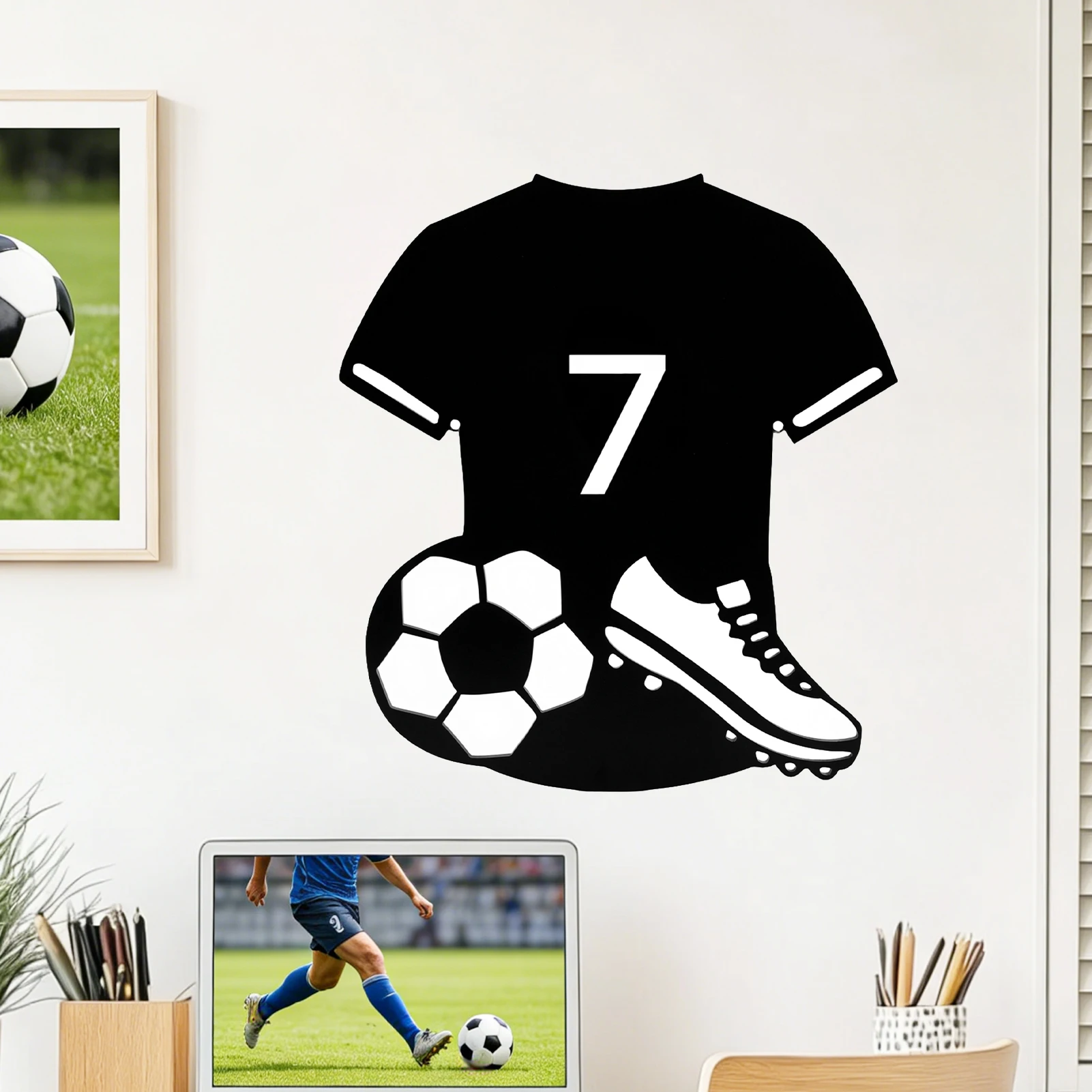 Black & White Football Jersey Wall Stickers, Soccer No.7 Jersey & Cleats Decals, Removable Sport Home Decor