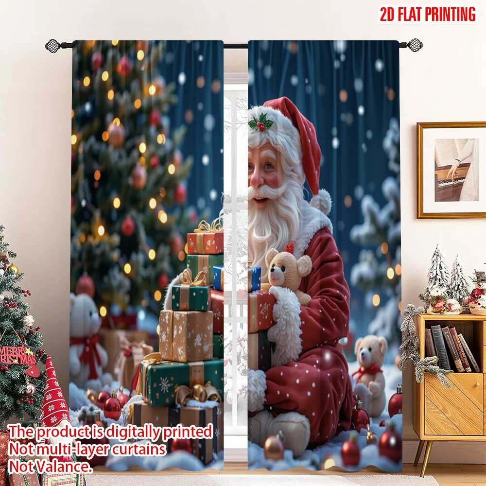 

2pcs 2D flat printing Christmas Party Curtain Santa Claus Christmas Gifts Holiday Fabric Without Electricity Festive Holiday Use