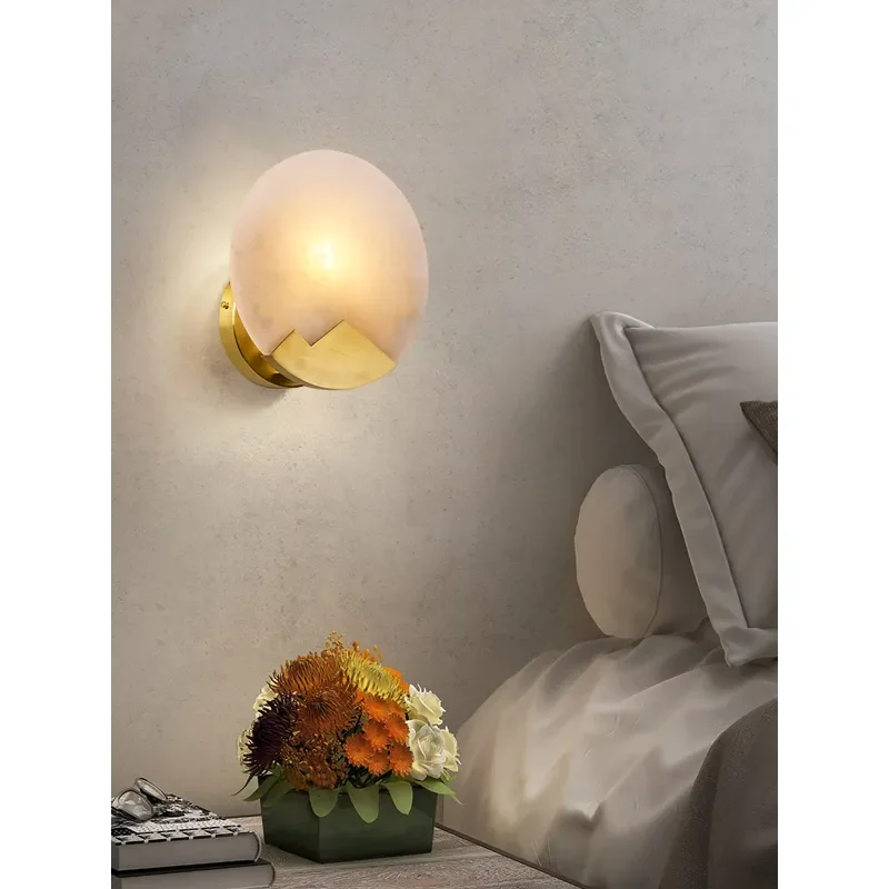 Modern Nordic Wall Lamp Solid Copper Marble Sconce Creative Bedroom Bedside Light Minimalist Hallway Staircase Aisle Decor