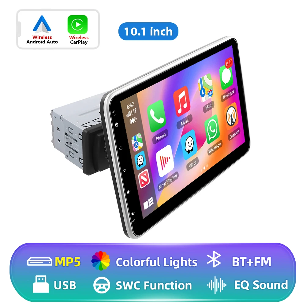 Podofo 10,1 Zoll HD Manuell Einziehbarer Touchscreen 1DIN Auto-MP5-Player Carplay Autoradio FM-Empfänger Multifunktionaler Multimedia-Videoplayer für Universalfahrzeuge