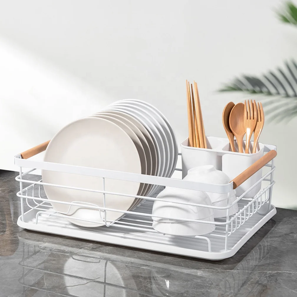 White Carbon Steel Kitchen Dish Rack Tableware Drying Plate Drainer Storage Shelf with Removable Cutlery Holder