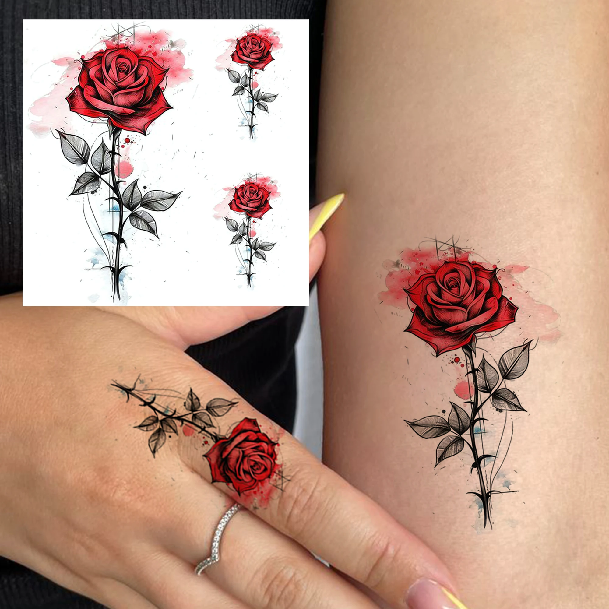 1 Sheet Rose Feather Flower Bird Temporary Tattoos Adult Hand Shoulder, Fake Tattoo Sticker Daily Use Last Long Realistic Tatoos - view 5