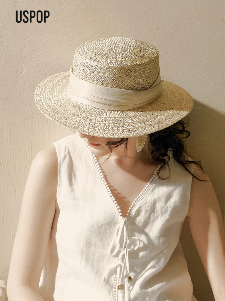 USPOP Women Natural Sisal Straw Hat Flat Top Wide Brim Handwoven French Style Summer Sun Hat