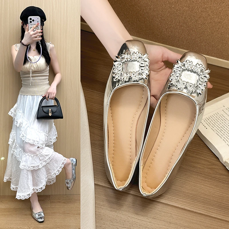 Ladies Shiny Mirror Leather Slip On Crystal Decor Flat Shoes
