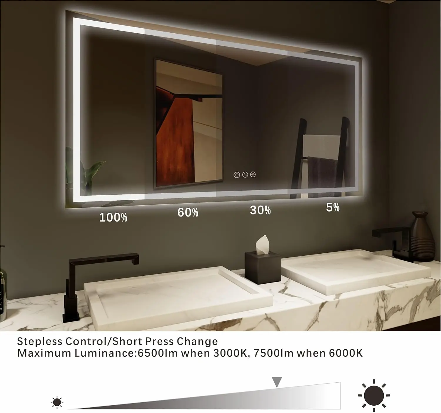 Espejo LED de 72 "x 30" para baño, espejos iluminados súper delgados de alto brillo con 3 colores, antivaho, atenuador y interruptor táctil