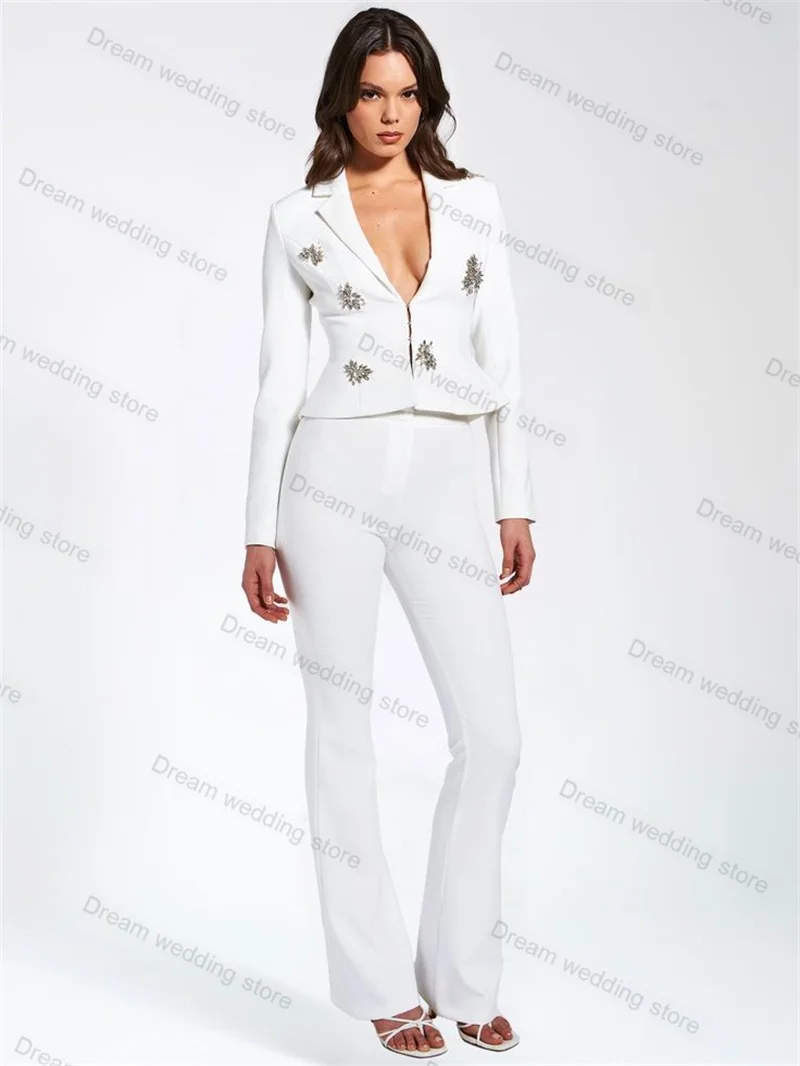 

Elegant White 2 Pieces Women Suits Pants Set Short Blazer+Trousers Luxury Crystals Wedding Tuxedo Tailored Size Party Jacket