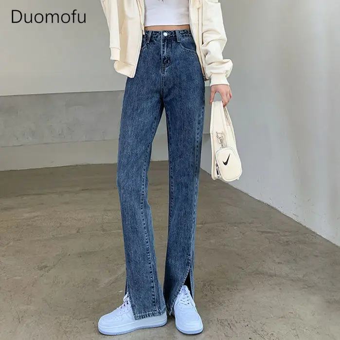 Duomofu Blue American Vintage Chic Split Flare Women Jeans Autumn Basic Casual Fashion Pure Color Slim Female High Waisted Jeans