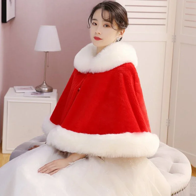 Women Winter Wool Shawl Furry Fluffy Fur Cape Wedding Bride Warm Thick Shawl Faux Fur Poncho Wedding Party Scarf Wrap Coat KX100