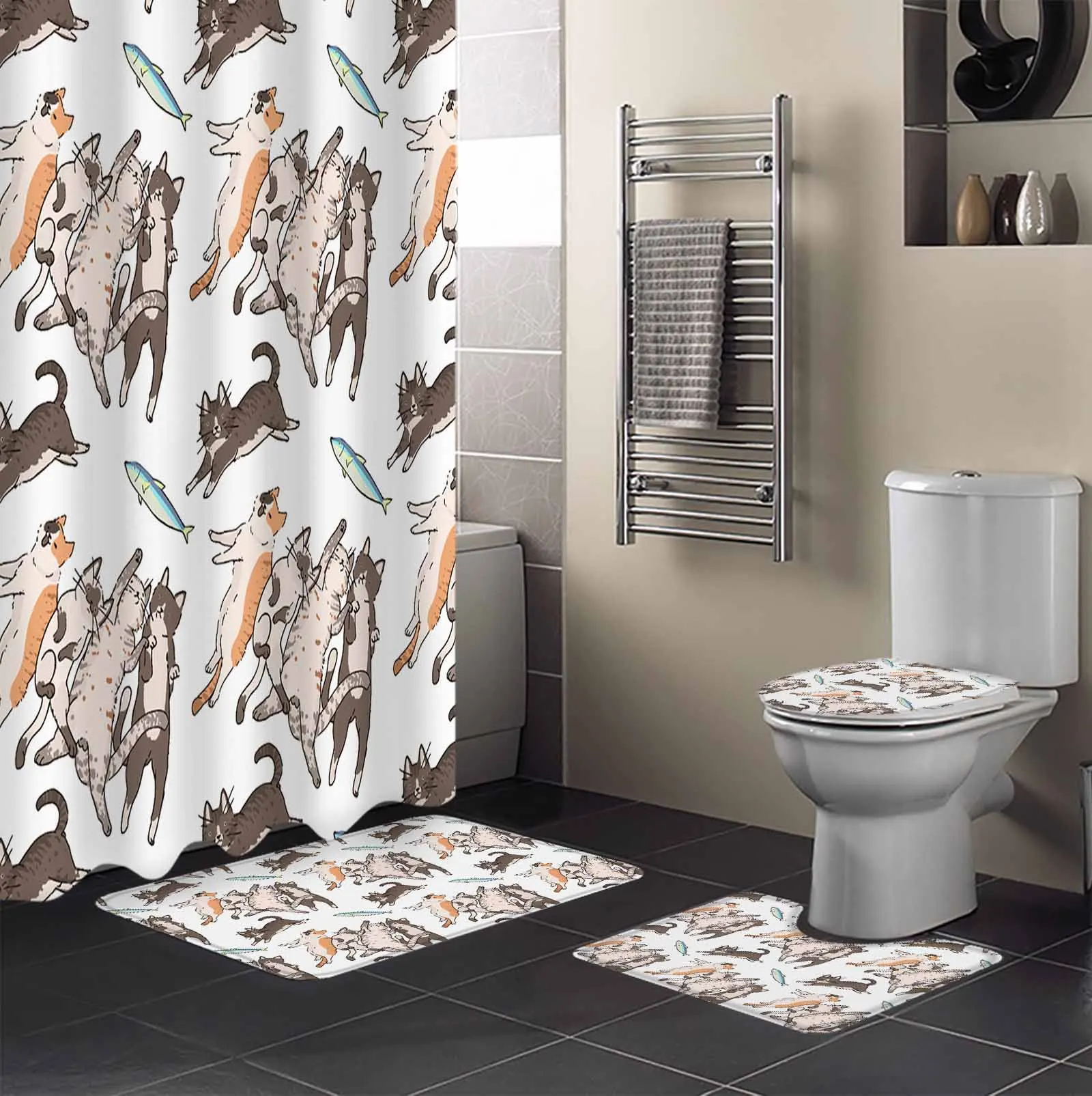 Cat Animal Fish Shower Curtain Non-Slip Rugs Toilet Lid Cover and Bath Mat Bathroom Curtains with Hooks