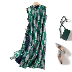 Fish Plaid Print Vintage Cotton Linen O-Neck Sleeveless A-Line Loose Women's Dress Korean Fashion Mid-Calf Dresses For Women