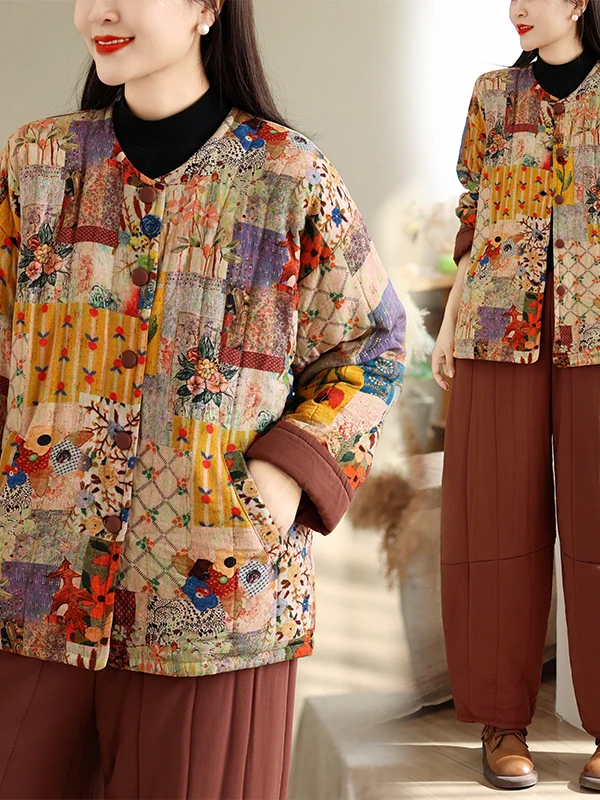 Floral Patchwork Cotton Jacket And Pants Set round Neck Thickened Soft Stylish Women's Winter Clothes Casual Commute Style