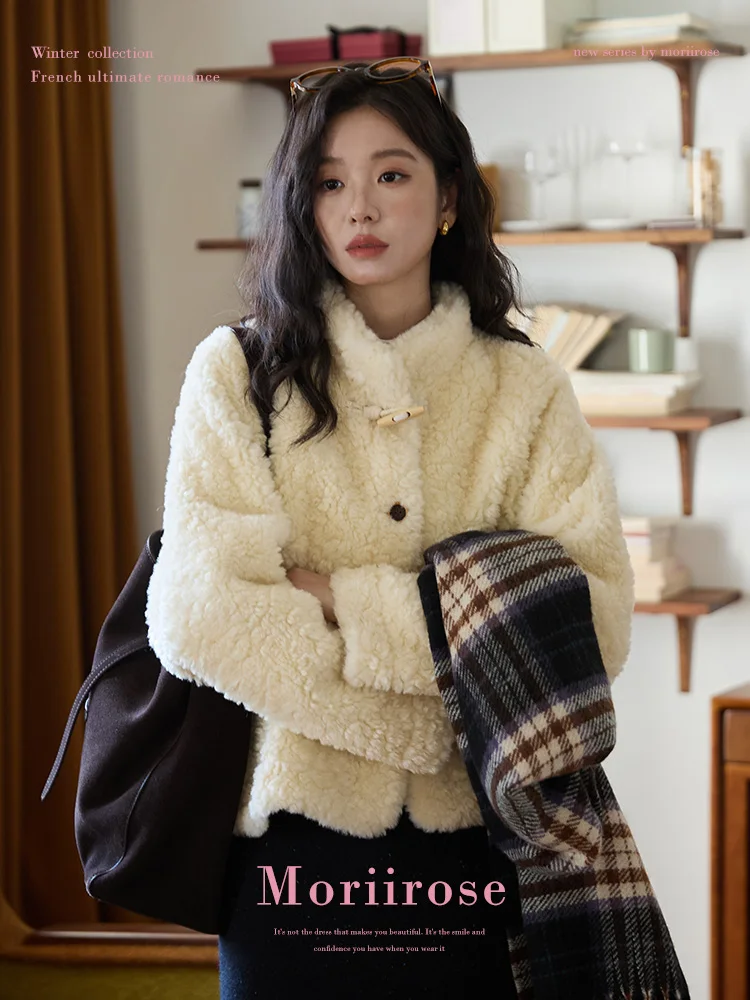 

Женское зимнее винтажное пальто Moriirose с воротником-стойкой, из искусственного меха овчины, свободного кроя, из полиэстера, однотонное