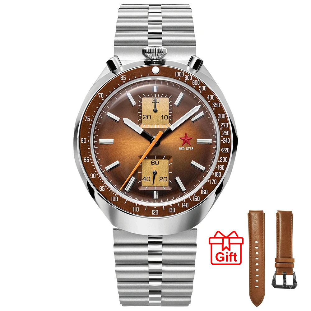 RED STAR 42mm Bullhead Men 1963 Chronograph Luminous ST1901 Movement Mechanical Wristwatch Waterproof Stainless Steel Strap