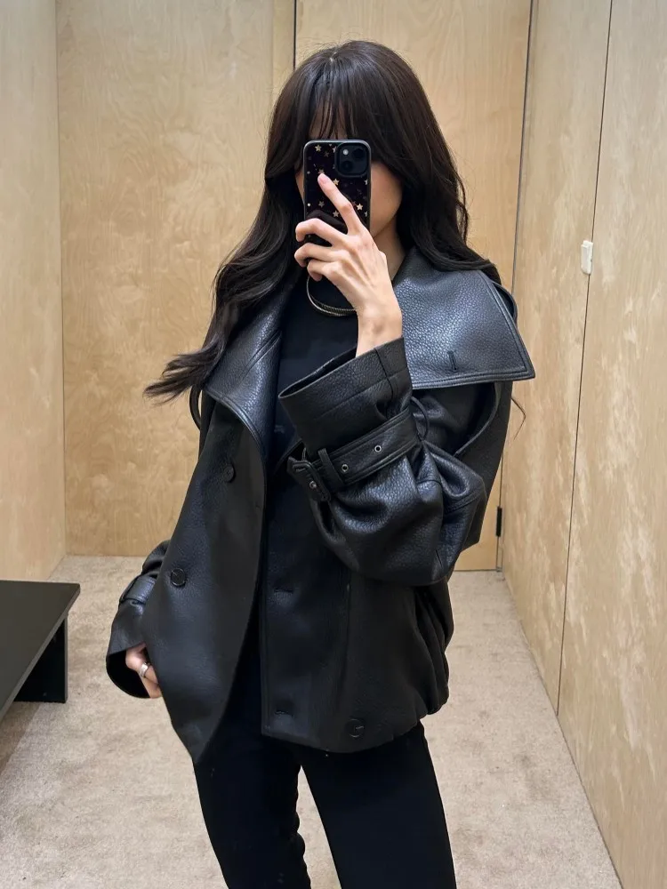Women Autumn Oversized Loose Fit Sheepskin Genuine Leather Jacket Double Breasted Boyfriend Style Outwear Coat Designer Jackets