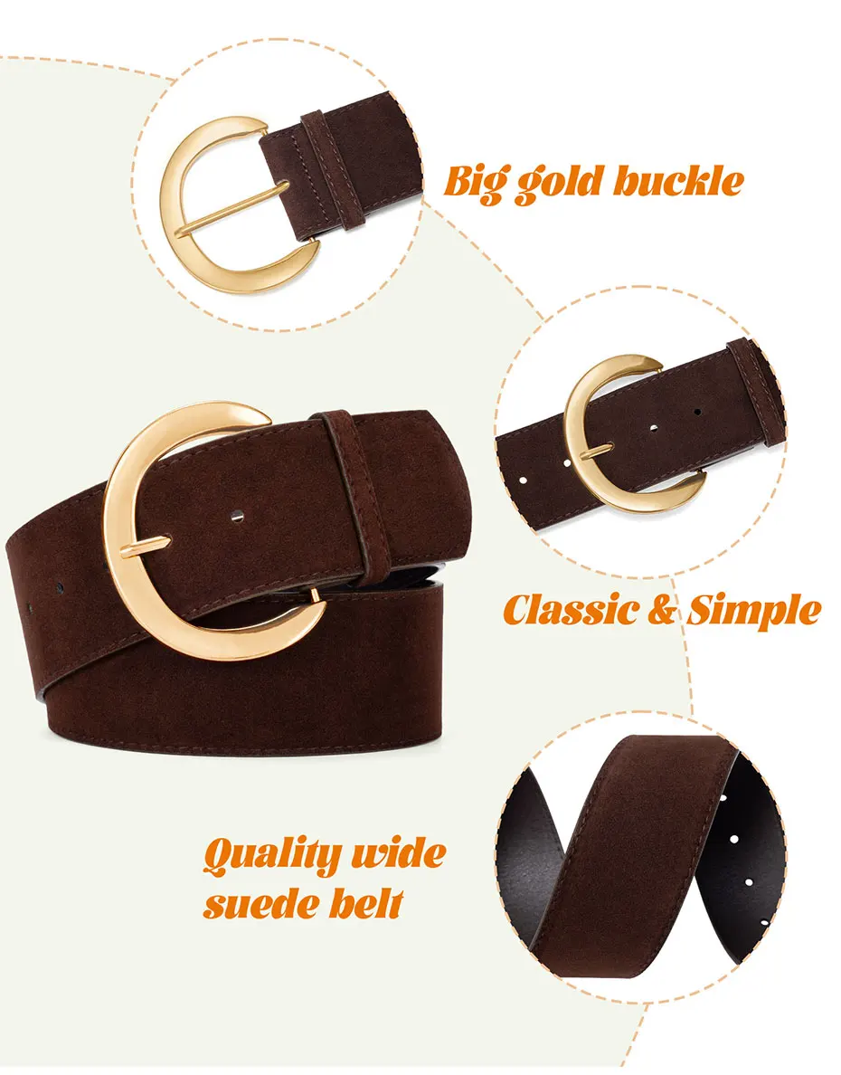 Maikun breite Wildledergürtel für Damen, Damen, klobiger Bund, modisch für Kleid mit goldener Schnalle – Detail 14