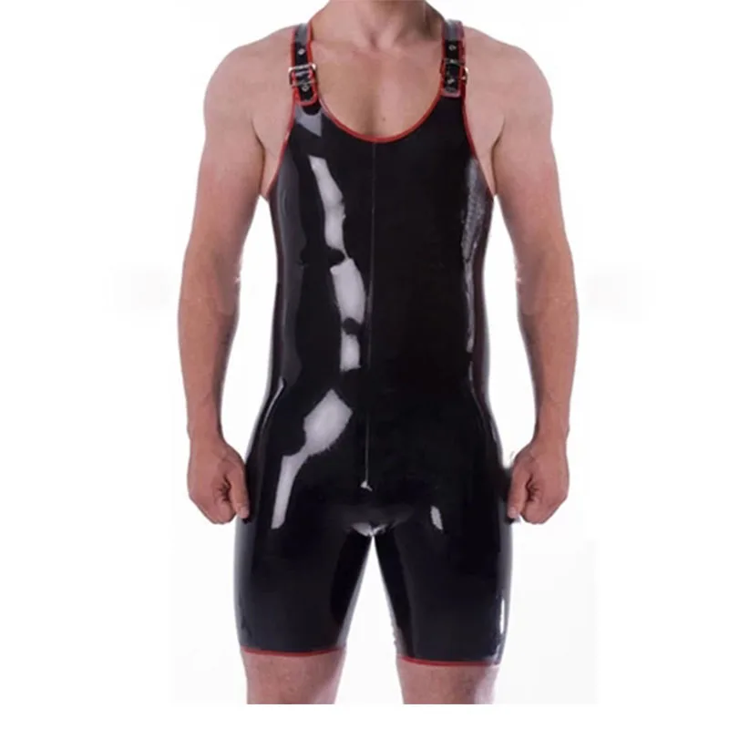 

Latex Catsuit Handmade Black Rubber Bodysuit Swimming Pool Latex Rompers Customize Black with Red for Men