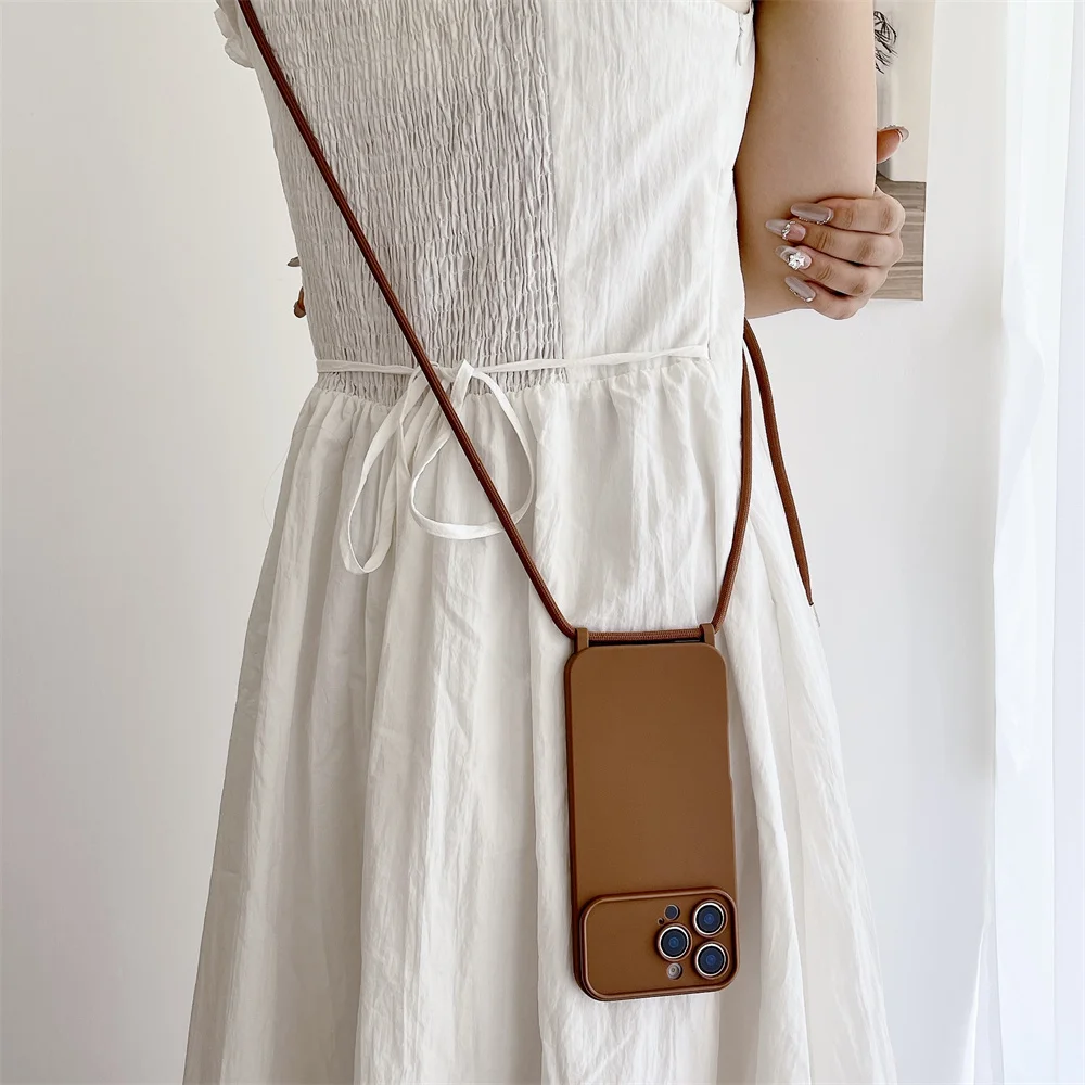 Crossbody الحبل قلادة الحبل لينة غطاء من السيليكون آيفون 16 15 14 13 برو ماكس 12 قابل للتعديل حبل نايلون ماتي غطاء ل 16Pro