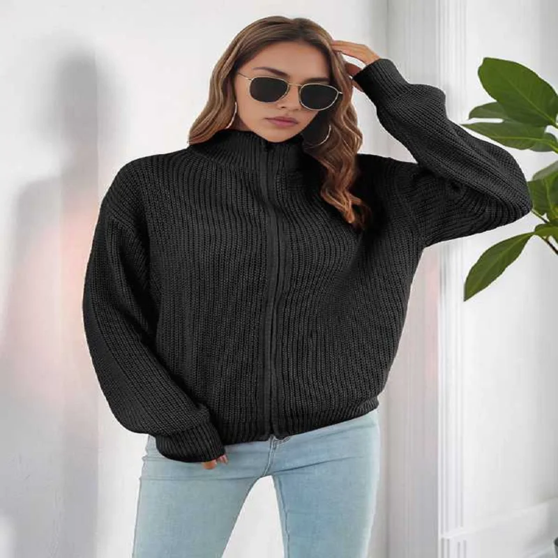 Dames gebreid vest met col en lange mouwen Herfst en winter Los gebreid vest met ritssluiting