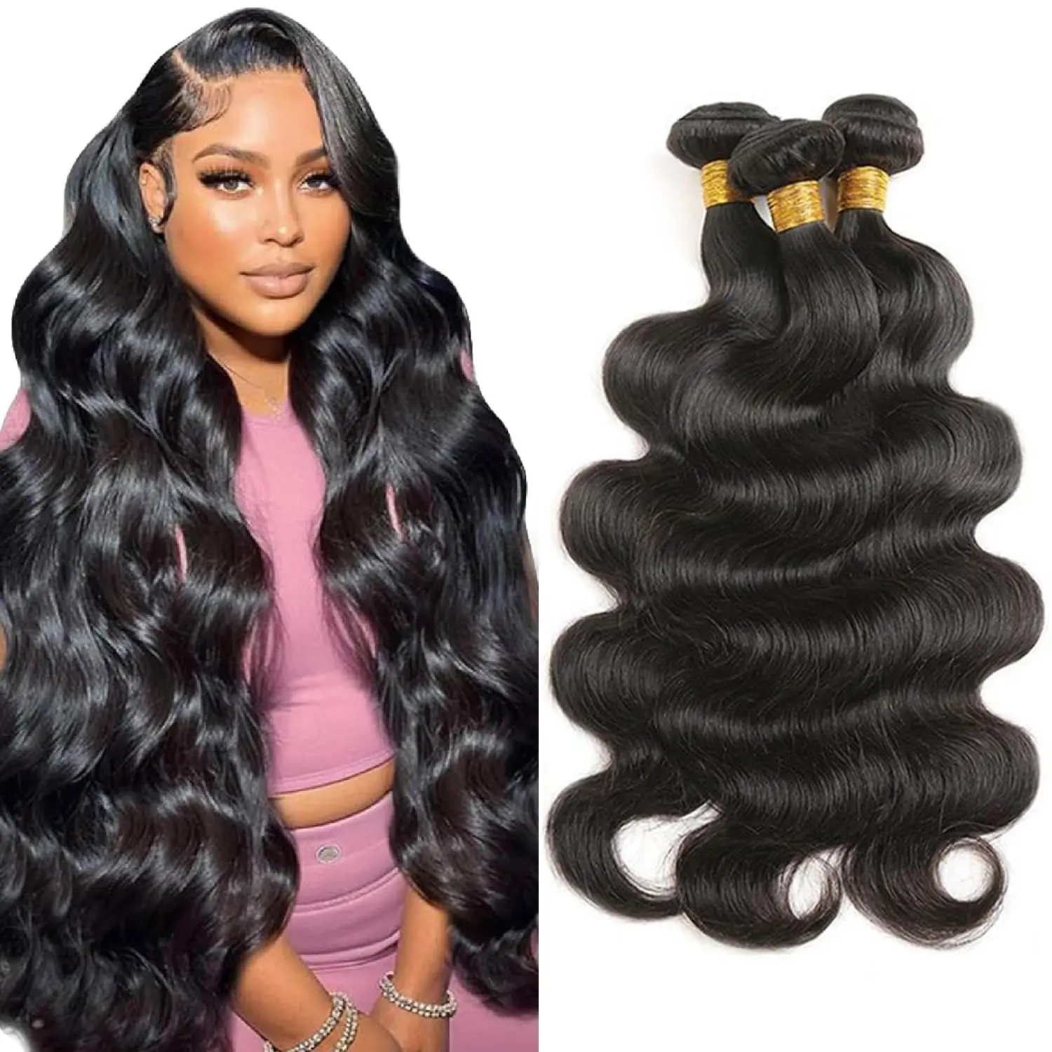 Tissage en Lot Brésilien Naturel Body Wave, Cheveux Vierges, Non Traités, Noir Naturel, 26 28 30 Pouces, 100%, 3 Lots