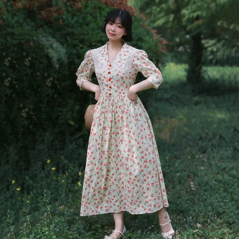 AnXin SH vintage princesa beige algodón fresa flor encaje cuello en v media manga botón rojo cremallera vestido de noche personalizado