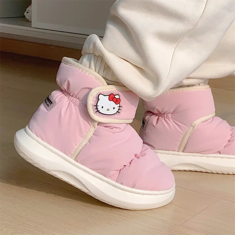 Sanrio Hello Kitty Creative Color Matching Velcro Waterproof Bread Cotton Shoes Winter Ladies Pink Cute Outdoor Warm Snow Boots