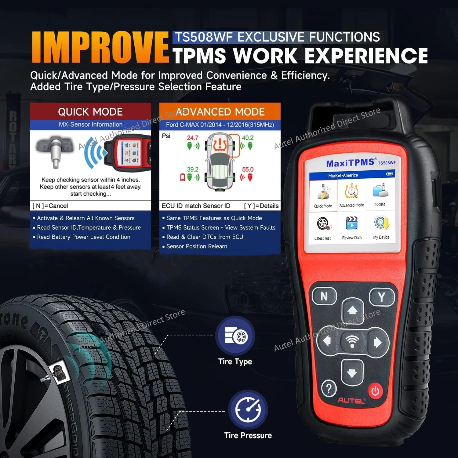 Autel MaxiTPMS TS508WF TPMS Relearn-Tool, Programmiergerät für MX-Sensoren 315/433MHz, Sensor-Neulernung/Aktivierung, Fehlercode-Auslesen/-Löschen, PK TS408S – Detail 7