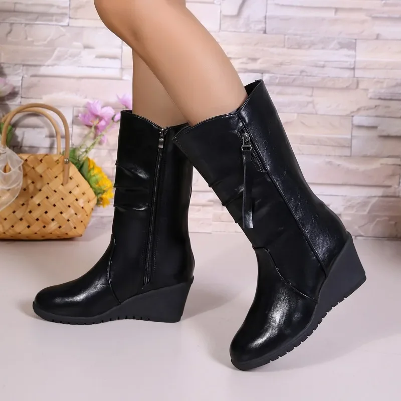 

Женская обувь 2024, хит продаж, женские ботинки с боковой молнией, модные современные ботинки с круглым носком, женские зимние ботинки до середины икры на танкетке больших размеров