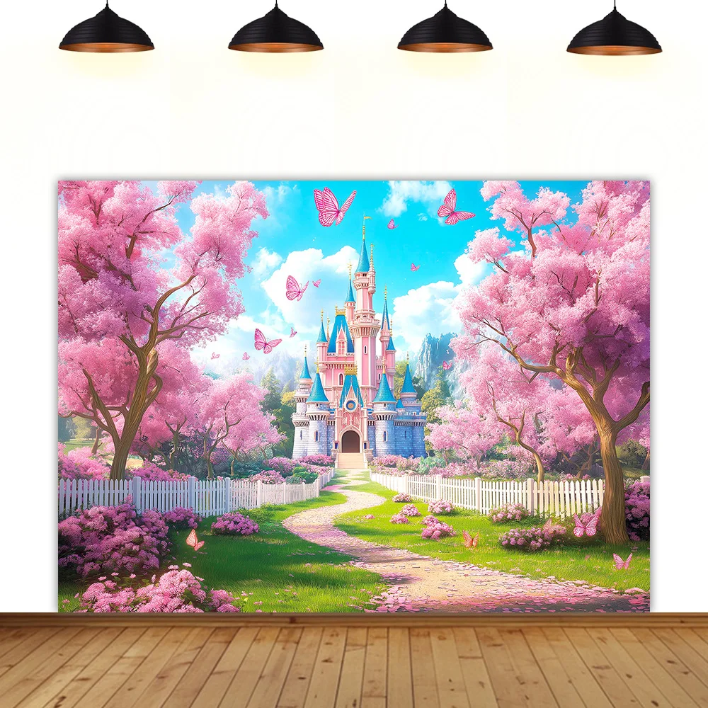 

castle Theme background pink butterfly Citadel princess scene flower outdoors birthday party photography decoration backdrop